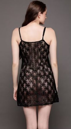 Sheer Self Patterned Lace Babydoll in Black