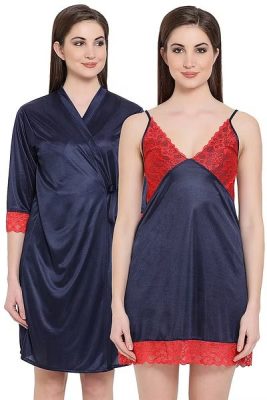 Satin Bridal Short Nighty Dress & Robe Set in Navy Blue