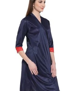 Satin Short Night Dress & Robe Set in Navy Blue