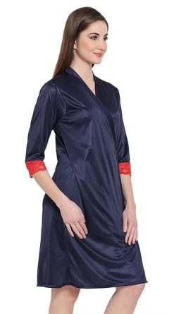 Satin Short Night Dress & Robe Set in Navy Blue