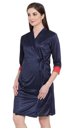 Satin Short Night Dress & Robe Set in Navy Blue