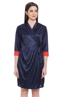 Satin Short Night Dress & Robe Set in Navy Blue