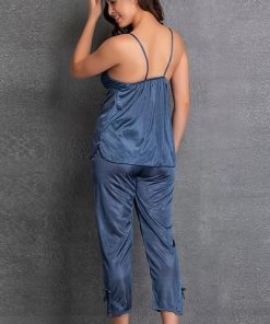 Satin Top Pajama Set Sleepwear in Dark Blue