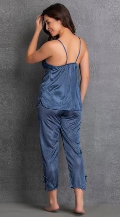 Satin Top Pajama Set Sleepwear in Dark Blue