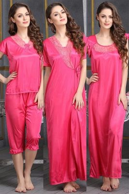 4 Pcs Satin Bridal Nightwear Reddish Pink