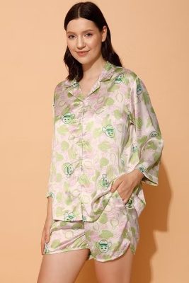 Cactus & Emoji Print 3 Piece Satin Short Nightwear Set