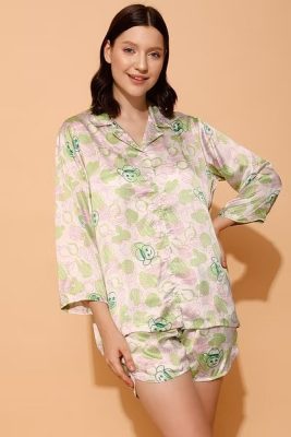 Cactus & Emoji Print 3 Piece Satin Short Nightwear Set