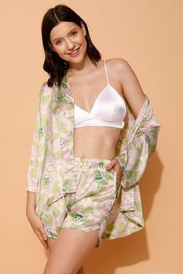 Cactus & Emoji Print 3 Piece Satin Short Nightwear Set