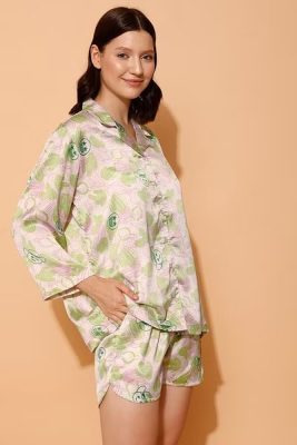 Cactus & Emoji Print 3 Piece Satin Short Nightwear Set