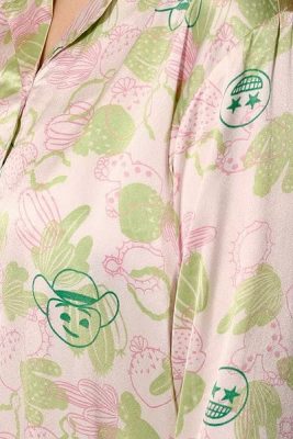 Cactus & Emoji Print 3 Piece Satin Short Nightwear Set