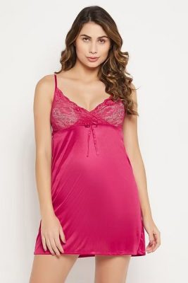 Chic Satin Babydoll Robe Set in Hot Pink