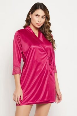 Chic Satin Babydoll Robe Set in Hot Pink