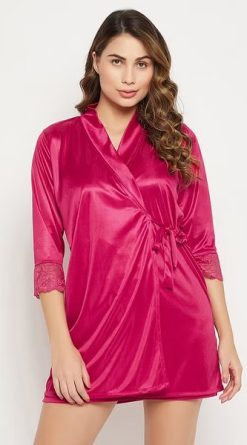 Chic Satin Babydoll Robe Set in Hot Pink