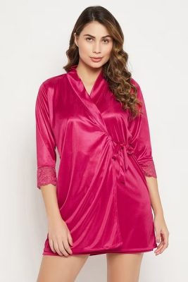 Chic Satin Babydoll Robe Set in Hot Pink