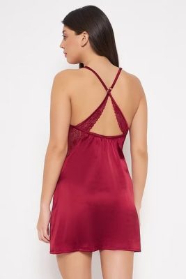 Maroon Short Babydoll Silk Nighty