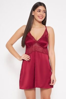 Maroon Short Babydoll Silk Nighty