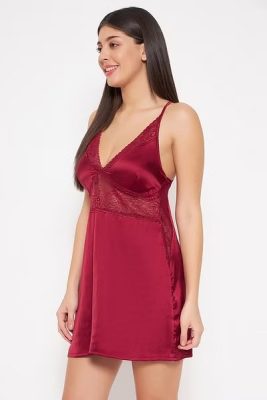 Maroon Short Babydoll Silk Nighty