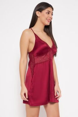 Maroon Short Babydoll Silk Nighty