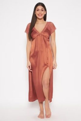 Satin Long Night Dress in Golden