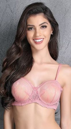 Padded Underwired Strapless Pink Lace Bra