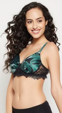 Black Leaf Print Padded Non Wired Full Cup Bra