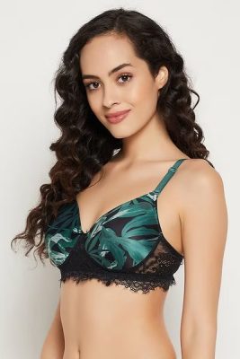 Black Leaf Print Padded Non Wired Full Cup Bra