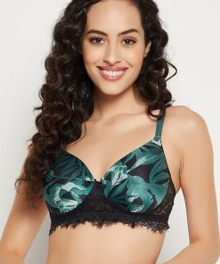 Black Leaf Print Padded Non Wired Full Cup Bra