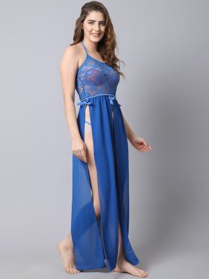 Blue Self Design Lace Ladies Nighty