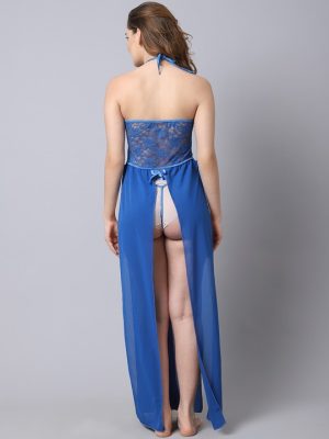 Blue Self Design Lace Ladies Nighty