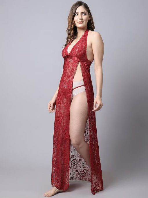 Red Self Design Net Baby Doll Lingerie Nightdress