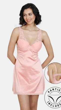 Peach Pearl Satin Night Dress for Women