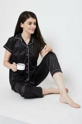 Satin Button Me Up Shirt and Pajama Set in Black