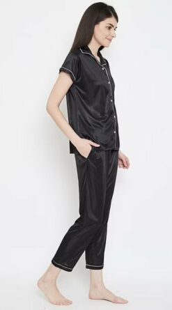 Satin Button Me Up Shirt and Pajama Set in Black