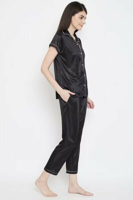 Satin Button Me Up Shirt and Pajama Set in Black