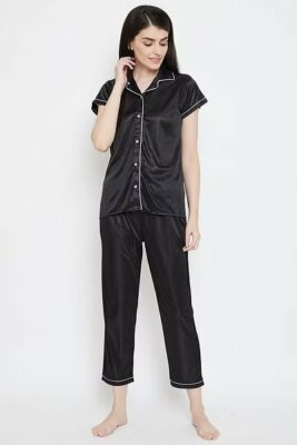 Satin Button Me Up Shirt and Pajama Set in Black