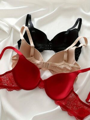 3PCS Elegant Ribbed Lace Underwire Push-Up Bra