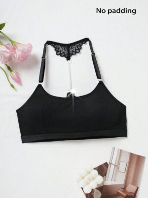Pearl Decor Sexy Lace Patchwork Open Back Comfortable Women's Bra