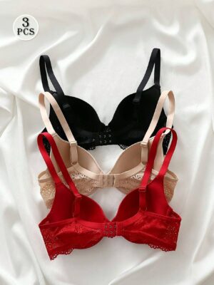 3PCS Elegant Ribbed Lace Underwire Push-Up Bra