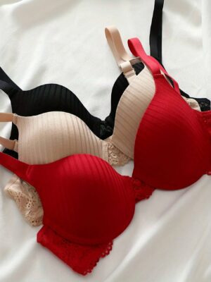 3PCS Elegant Ribbed Lace Underwire Push-Up Bra