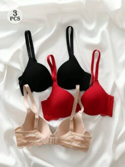 3PCS Elegant Ribbed Lace Underwire Push-Up Bra