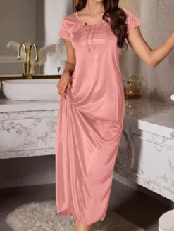 LuxeNights Lace Patchwork Short Sleeve Extra Long Women Nightgown Babydoll