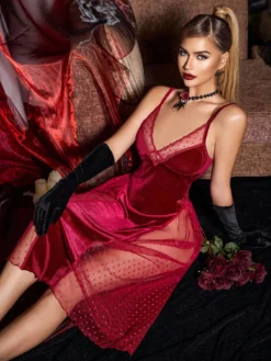 Women's Velvet & Mesh Patchwork Sexy Camisole Nightgown