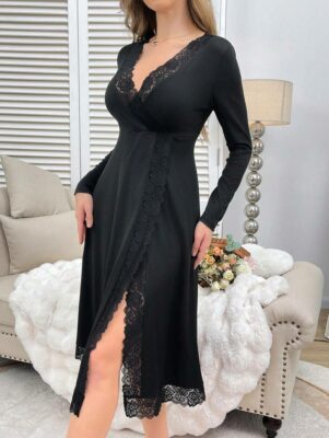 Lace Patchwork V-Neck Cinched Waist Long Sleeve Ladies Sleep Dress