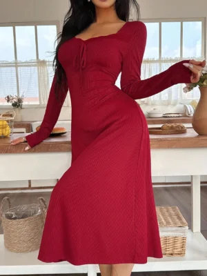 Women's Elegant Knitted Textured Patchwork Long Sleeve Fitted Nightgown