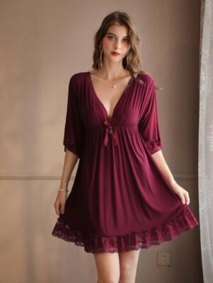 Sexy Deep V Neck Loose Revealing Shoulder Sleepwear Dress