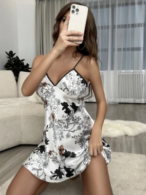 Floral Print Contrast Binding Satin Pajama Nightdress