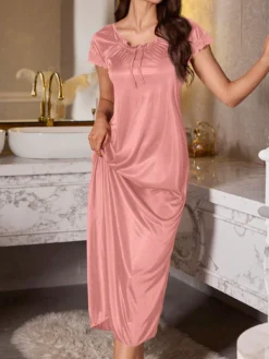 LuxeNights Lace Patchwork Short Sleeve Extra Long Women Nightgown Babydoll