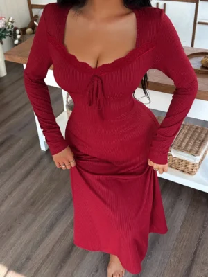 Women's Elegant Knitted Textured Patchwork Long Sleeve Fitted Nightgown