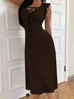 Solid Color Cap Sleeve V-Neck Tie Decor Fitted Women Nightgown Brown