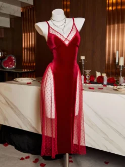 Women's Velvet & Mesh Patchwork Sexy Camisole Nightgown